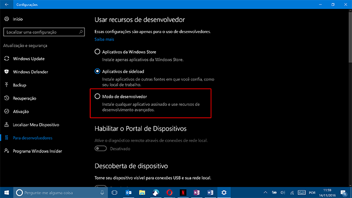 Escolha a opção Modo de Desenvolvedor para instalar apps fora da loja (Foto: Reprodução/Elson de Souza)