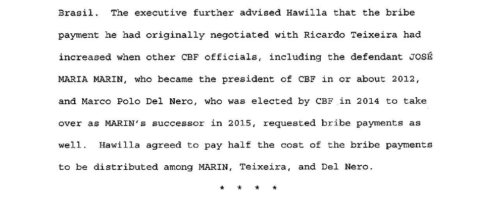 Na página 44 da acusação, promotores afirmam que Teixeira, Del Nero e Marin pediram e receberam propina do empresário J. Hawilla referentes a contrato da Copa do Brasil. (Foto: Reprodução)