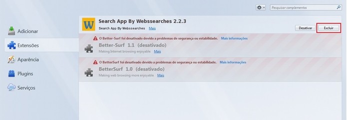 Destaque para botão de excluir extensão do Wubssearches (Foto: Reprodução/Raquel Freire)