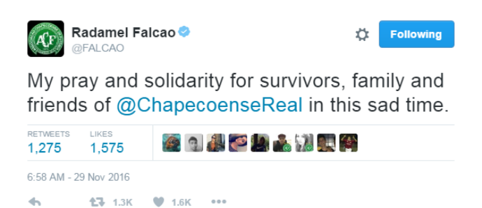 falcao garcía lamenta acidente da chapecoense (Foto: Reprodução Twitter)