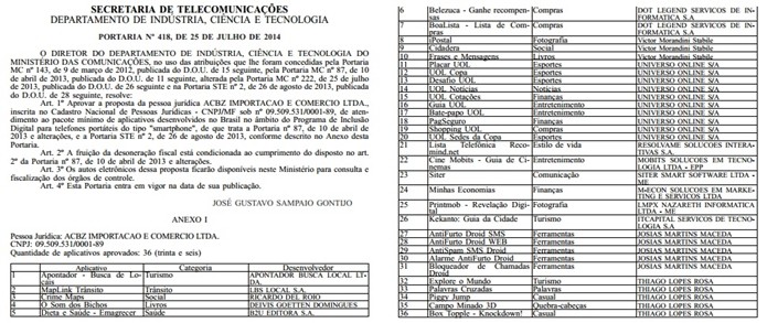 Portaria do Ministério das Comunicações autorizando a Asus a desenvolver apps para chegada do Zenfone 5 no Brasil (Foto: Reprodução/DOU)