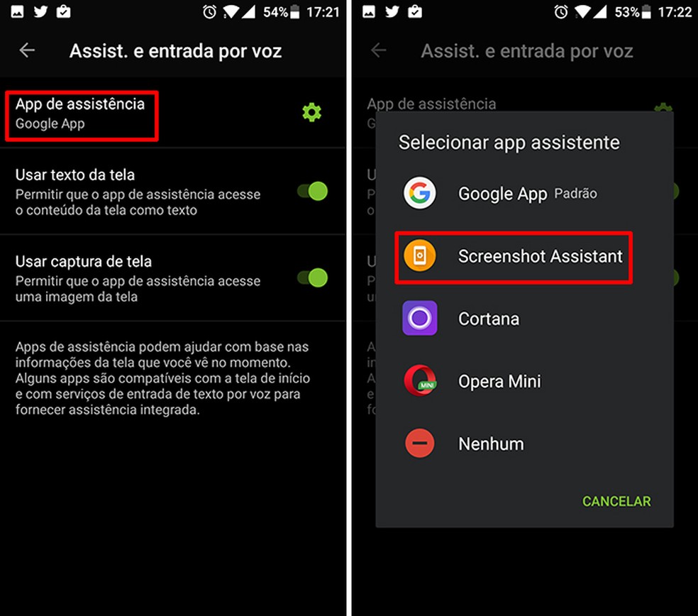 Selecione o Screenshot Assistant como app de assistência do Android (Foto: Reprodução/Elson de Souza)