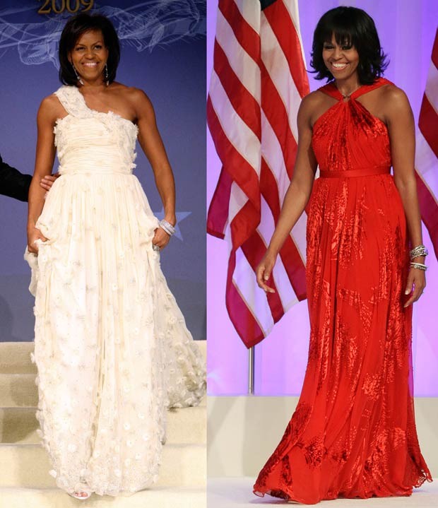 Michelle Obama Michelle Obama optou pelo branco na festa inaugural do primeiro mandato de Obama (à esq); para o segundo mandato, escolheu o vermelho, duas das cores que fazem parte da bandeira dos Estados Unidos. (Foto: AP)