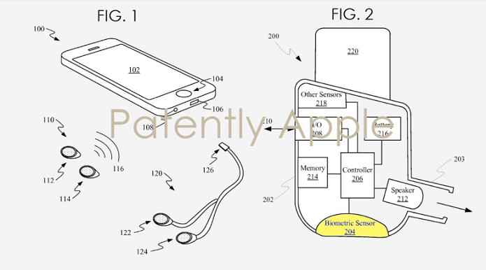 Detalhe da construção do fone com sensor biométrico (Foto: Reprodução/Patently Apple)