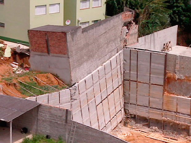 Muro de contenção cedeu e abalou construções vizinhas a uma obra em Taubaté (SP). (Foto: André Bias/ TV Vanguarda) Muro de contenção cedeu e abalou construções vizinhas a uma obra em Taubaté (SP). (Foto: André Bias/ TV Vanguarda)