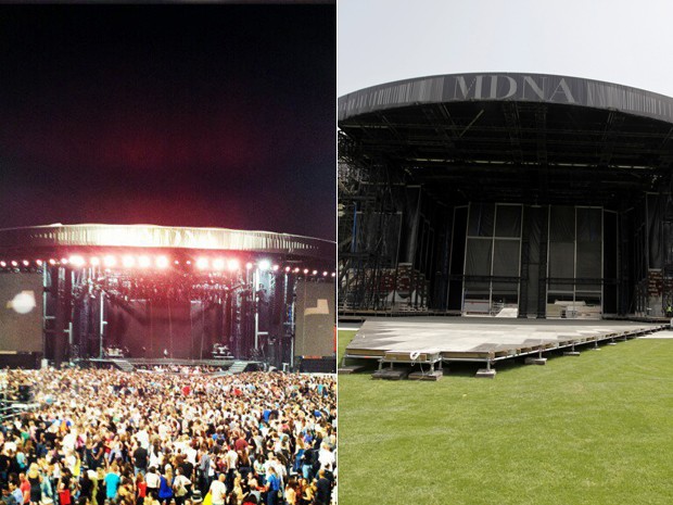 O palco do novo show de Madonna, em Israel, durante a apresentação e antes (Foto: Divulgação/Reuters)