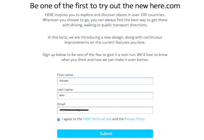 Fazendo um registro para ter acesso ao Here.com beta (Foto: Reprodução/Edivaldo Brito)