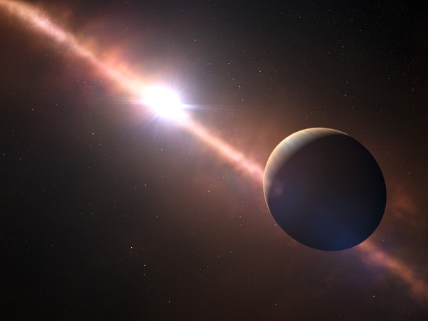  Concepção artística mostra planeta Beta Pictoris b orbitando ao redor de sua estrela (Foto: AFP Photo / ESO - L. Calcada / N. Risinger)