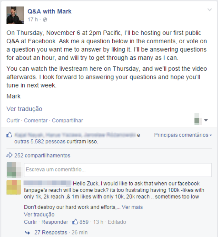 Para enviar uma pergunta ao CEO do Facebook basta enviar um comentário no post de Zuckerberg (Foto: Reprodução/Lívia Dâmaso)