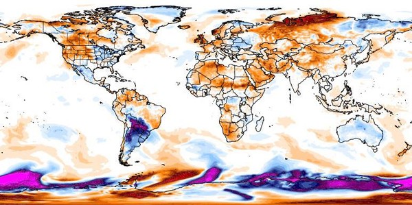 Como mostra a imagem, o Centro da América do Sul será a área com temperaturas mais baixas nos próximos dia, excluindo, é claro, os polos (Foto: Reprodução Internet/Metsul.com)