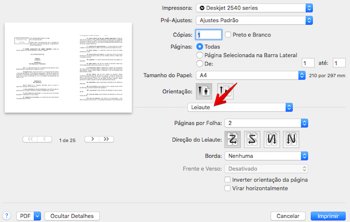 Configurando impressão de duas páginas por folha no Mac (Foto: Reprodução/Helito Bijora)