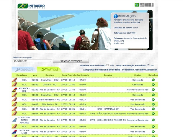 Situação dos voos do Aeroporto de Brasília na manhã desta terça-feira (27) (Foto: Infraero/Reprodução)