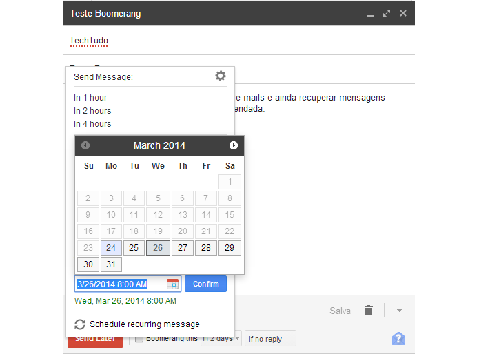 Boomerang disponibiliza botão de agendamento e ainda permite mostrar e-mails recebidos em horários programados (Foto: Reprodução/Paulo Alves)