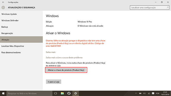 Usuário deve mudar novamente a chave de ativação do Windows 10 (Foto: Reprodução/Elson de Souza)