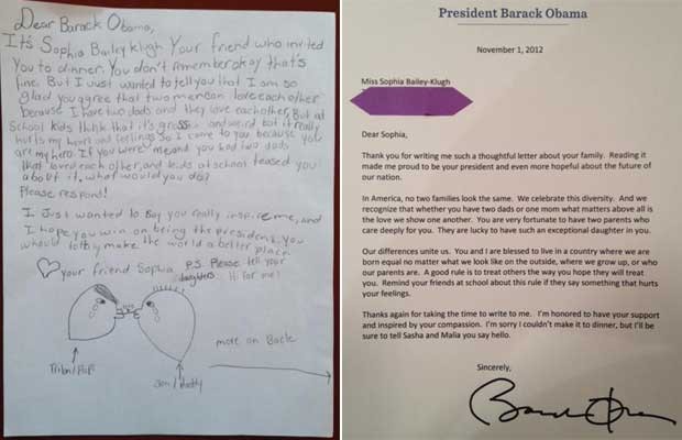 Carta enviada por garota americana com dois pais (esq.) e a resposta de Obama (Foto: Reprodução)