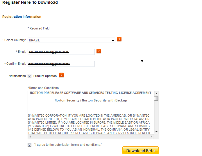 Fazendo um cadastro para poder baixar o beta do Norton (Foto: Reprodução/Edivaldo Brito)