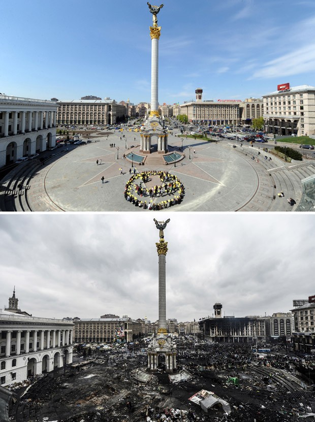 Antes e depois divulgado pela France Presse usou fotos de fevereiro de 2009 (topo) e desta quinta-feira (20) (Foto: Sergei Supinsky/Bulent Kilic/AFP)