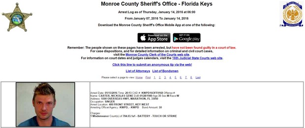 Nick Carter (Foto: Reprodução/Site Monroe County Sheriff's Office - Florida Keys)