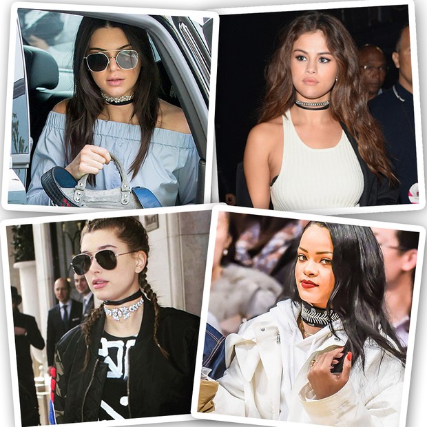 Kendall Jenner, Selena Gomez, Hailey Baldwin e Rihanna com seus chokers da Fallon Jewelry (Foto: Instagram/Reprodução e Getty Images)