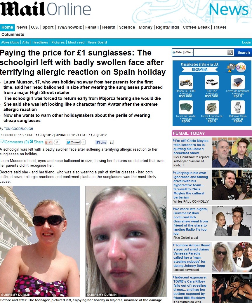 Óculos de sol (Foto: Daily Mail/Reprodução)