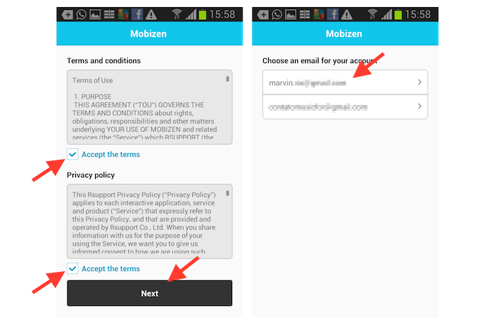 Iniciando a configuração do Mobizen vinculando uma conta de e-mail do aparelho Android (Foto: Reprodução/Marvin Costa)