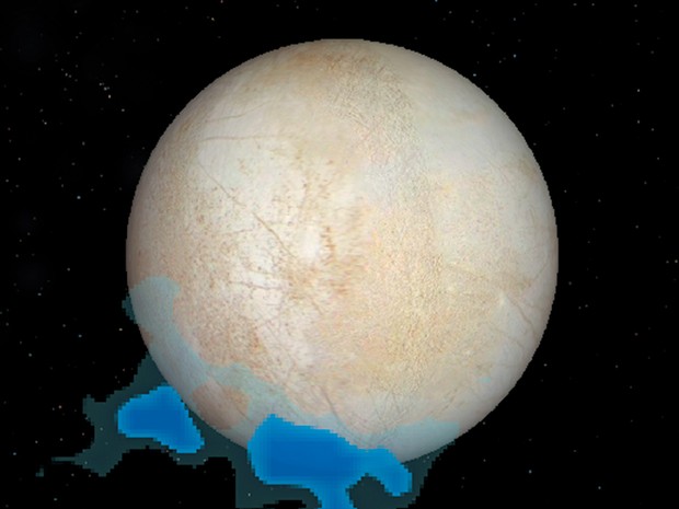 Concepção gráfica mostra a localização de vapor de água detectado sobre o pólo sul da lua de Júpiter (Foto: Divulgação/NASA/ESA/K. Retherford/Southwest Research Institute)
