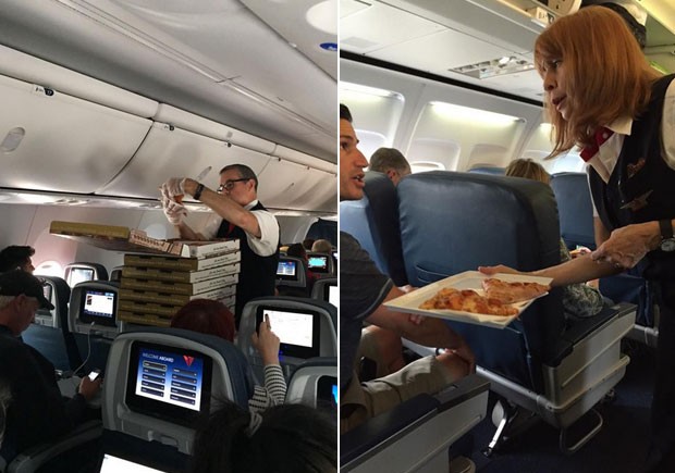 Comissários entregam pizzas para passageiros em avião nos EUA (Foto: Reprodução/Riley Vasquez e Bill Wittenmyer/Twitter)
