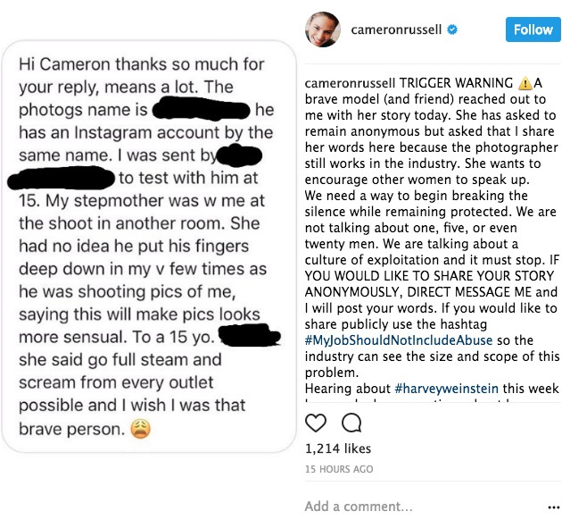 POst de Cameron Russell abrindo a campanha (Foto: Reprodução/Instagram)