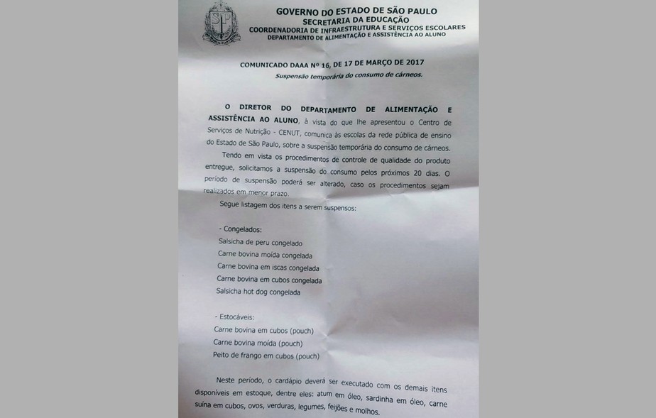 Governo de SP suspende carne na merenda das escolas após operação Carne Fraca