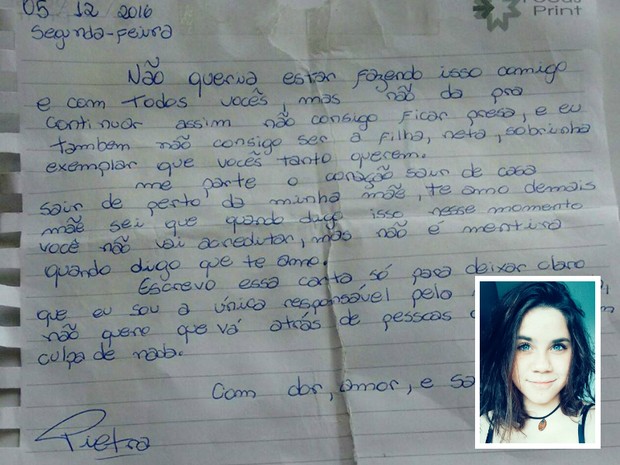 Pietra Cavallaro deixou uma carta para mãe antes de desaparecer (Foto: Reprodução/Facebook)