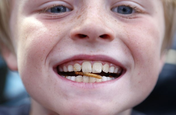 Stan Knight, de nove anos, come larva em restaurante que vende insetos e vermes comestíveis (Foto: Andrew Winning/Reuters)