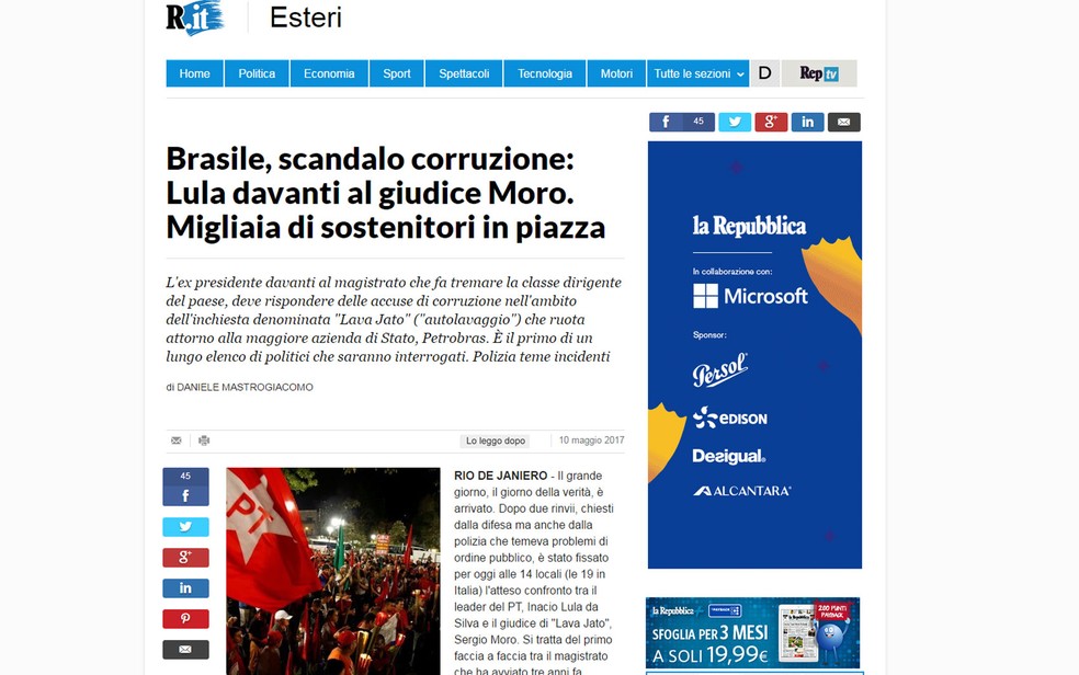 Matéria do jornal italiano 'La Repubblica' sobre depoimento de Lula (Foto: Reprodução/La Repubblica)