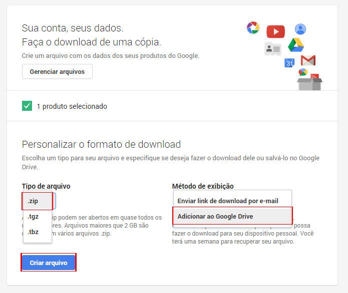 Informações podem ser reunidas em formatos diferentes (foto: Reprodução/Google Takeout)