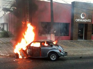 Veículo bateu em poste, pegou fogo e motorista morreu carbonizado (Foto: Julio Costa)