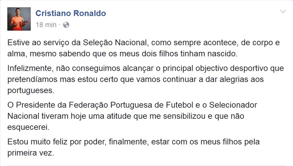 Cristiano Ronaldo faz comunciado em que explicava a saÃda da seleção portuguesa na Copa das Confederações (Foto: Reprodução/Facebook)