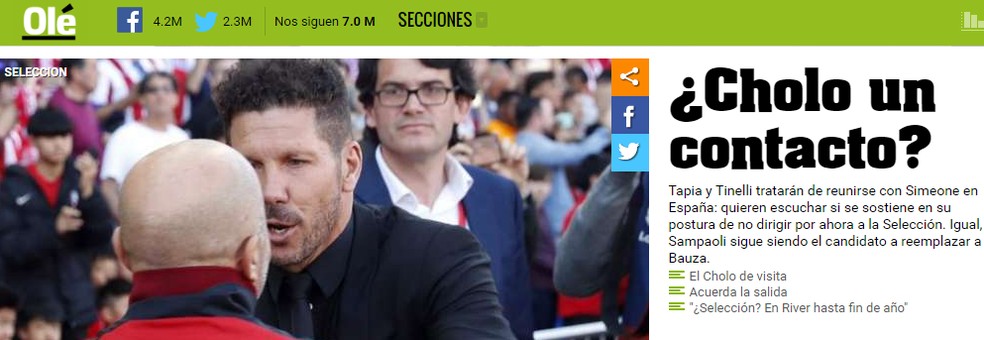 Nome de Simeone aparece como opção para assumir a seleção argentina (Foto: Reprodução / Olé)