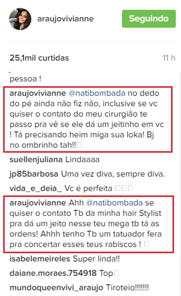 Vivianne Araújo rebate críticas de seguidora (Foto: Reprodução/Instagram)