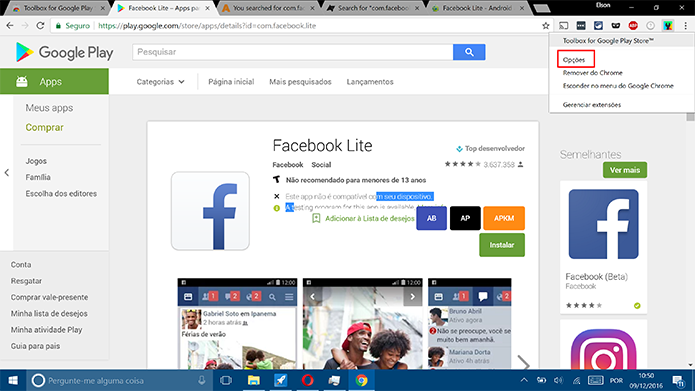 Clique com o botão direito para configurar Toolbox for Google Play Store (Foto: Reprodução/Elson de Souza)