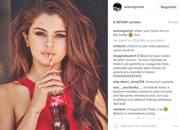 Recorde de likes antes de post de Beyoncé pertencia a Selena Gomez (Foto: Reprodução)