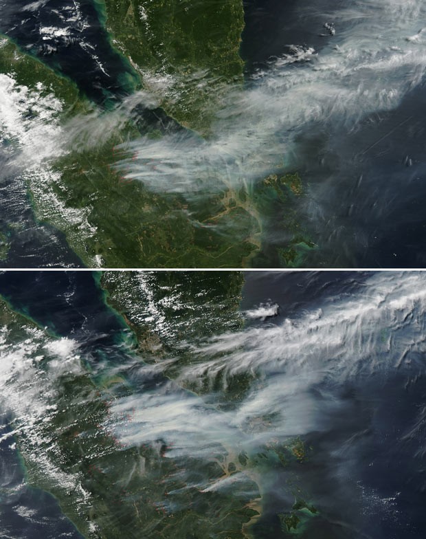 Imagens de satélite da Nasa mostram o avanço da fumaça sobre a Malásia e Cingapura (Foto: AFP/Nasa)