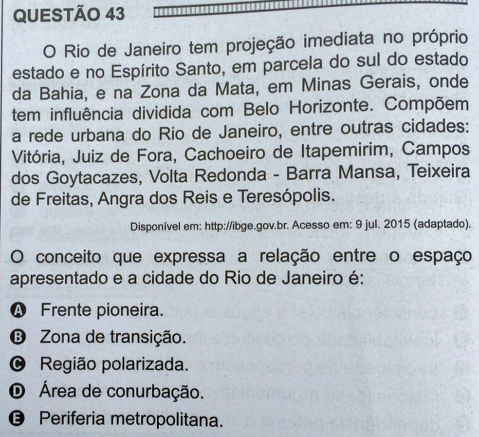ENEM 2016 - 1º DIA - PROVA BRANCA - QUESTÃO 43 (Foto: G1 )