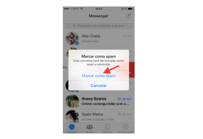 Confirmando a ação de marcar uma mensagem como spam no Facebook Messenger para iOS (Foto: Reprodução/Marvin Costa)
