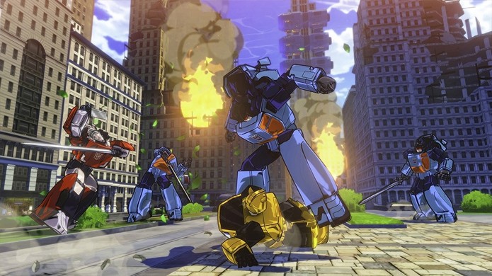Aqui vemos Sideswipe e Bumblebee lutando juntos, mas não foi mencionado um elemento multiplayer no game (Foto: Reprodução/Gematsu)