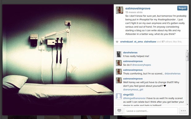Antonia mostra a cama de hospital onde iria iniciar o tratamento contra o distúrbio alimentar (Foto: Reprodução/Instagram)