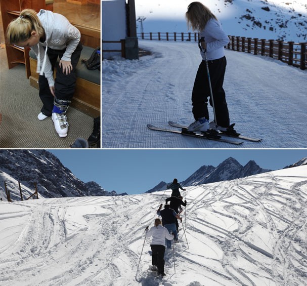 Da esquerda para a direita: colocando a tal bota de esqui, encaixando a pracha na bota sem muita habilidade e em uma caminhada na neve (Foto: Acervo Pessoal)