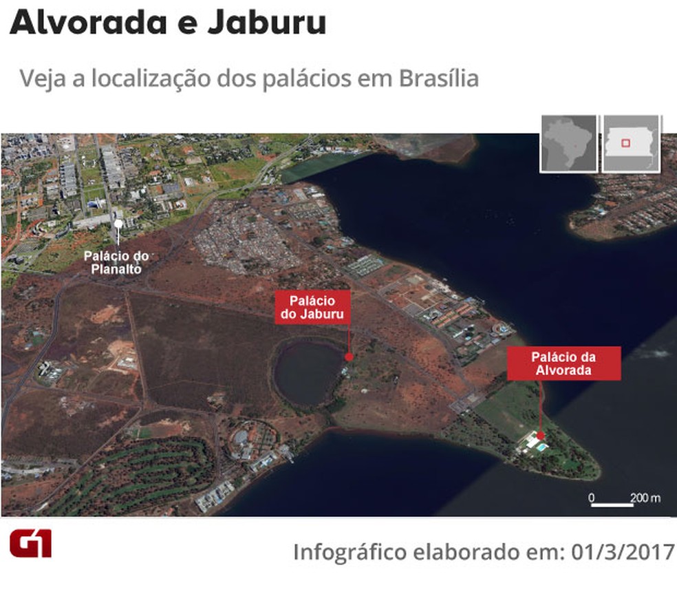 Localização dos palácios da Alvorada e do Jaburu, em Brasília (Foto: Arte/G1)