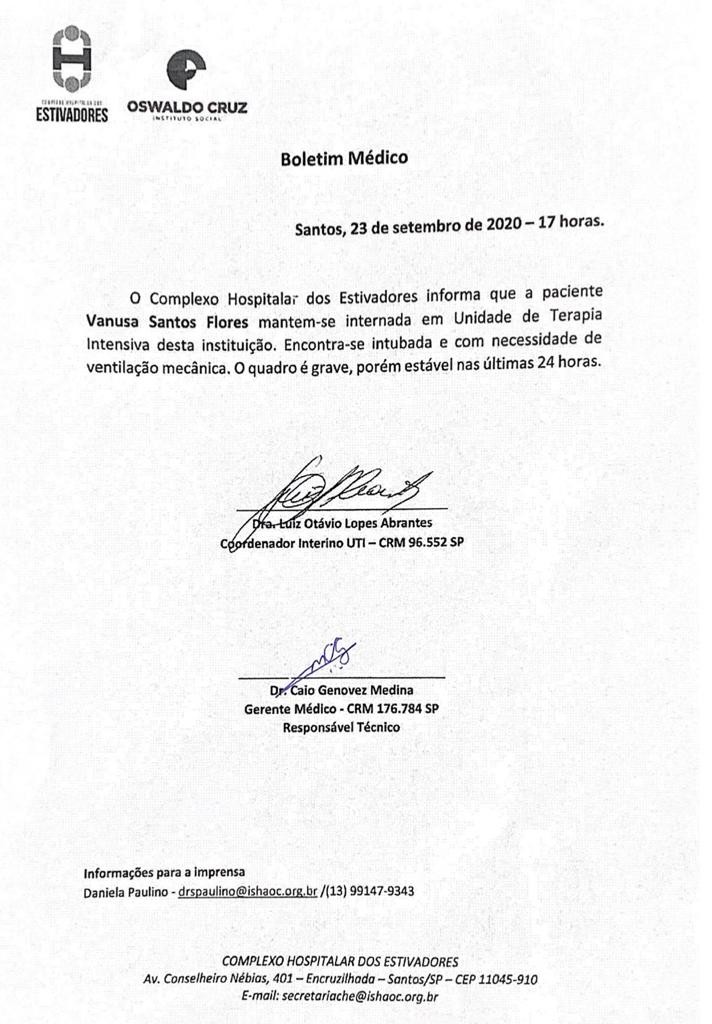 Boletim médico de Vanusa (Foto: Divulgação) Boletim médico de Vanusa (Foto: Divulgação)