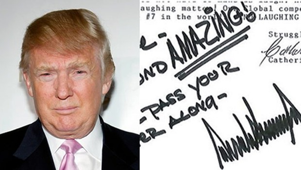 O bilionário Donald Trump e sua assinatura (Foto: Getty Images / Reprodução Facebook)