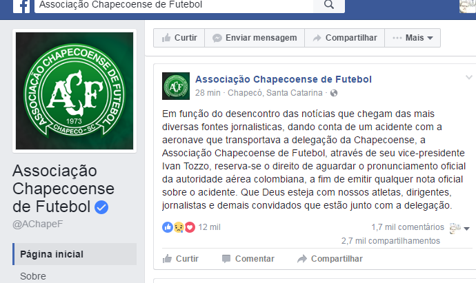 Chapecoense Facebook (Foto: Facebook)