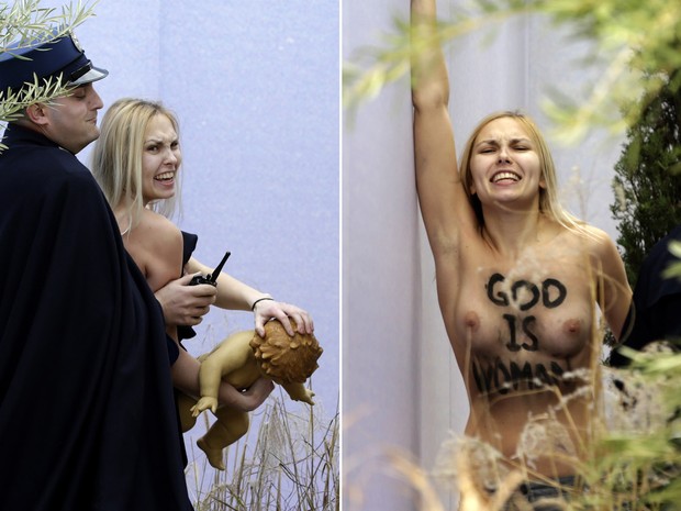 Combinação de fotos mostra ativista do grupo feminista Femen sendo detida ao tentar roubar a estátua do Menino Jesus do presépio do Vaticano. Ela exibia a frase 'God is woman' (Deus é mulher) escrita no corpo (Foto: Vincenzo Livieri/AFP)